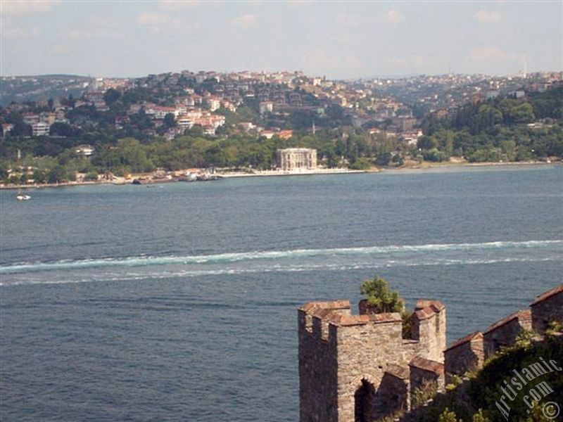 View of the Bosphorus from Rumeli Hisari which was ordered by Sultan Mehmet the Conqueror to be built before conquering Istanbul in 1452 in Turkey.
