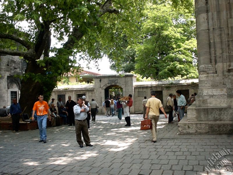 Historical plane tree area (Cinar Alti) and entrance of the Sahaflar (Book market) in Beyazit district in Istanbul city of Turkey.
