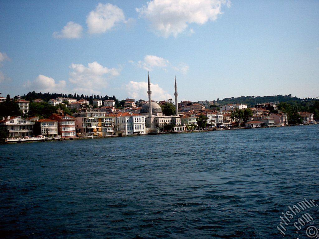 View of Beylerbeyi coast and a Beylerbeyi Mosque from the Bosphorus in Istanbul city of Turkey.
