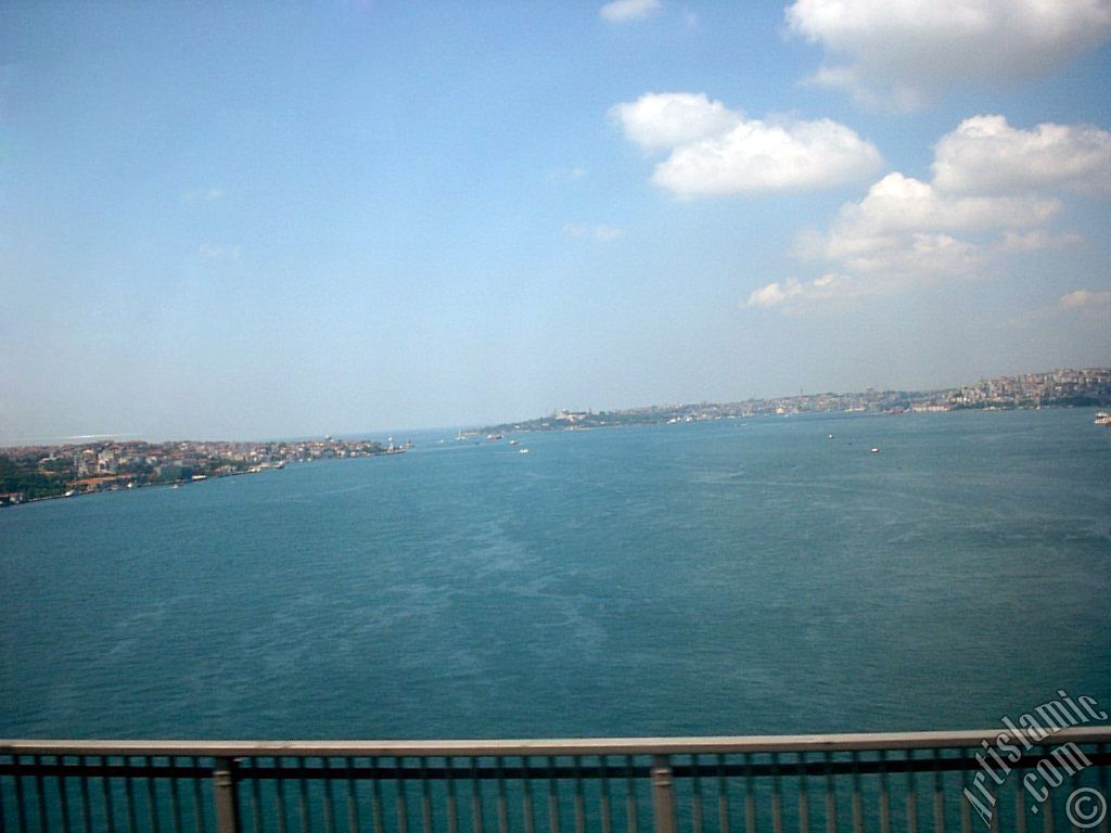 View of the Bosphorus in Istanbul from the Bosphorus Bridge over the sea of Marmara in Turkey.
